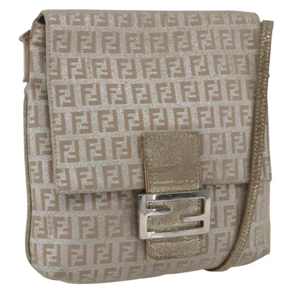 FENDI Zucchino Canvas Mamma Baguette Shoulder Bag Silver Auth 172589