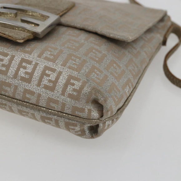 FENDI Zucchino Canvas Mamma Baguette Shoulder Bag Silver Auth 172589