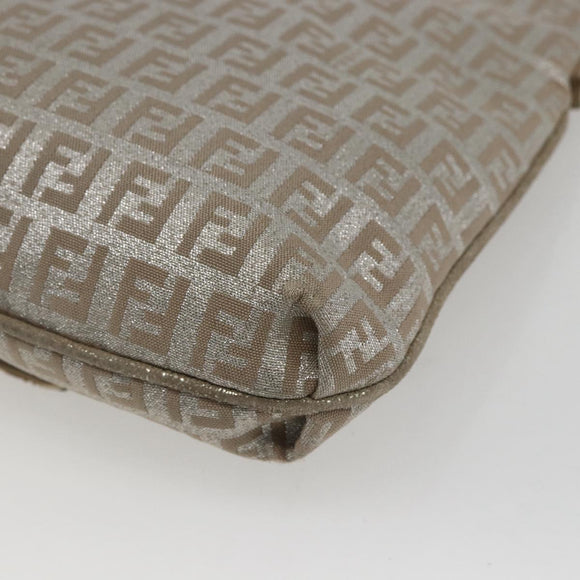 FENDI Zucchino Canvas Mamma Baguette Shoulder Bag Silver Auth 172589