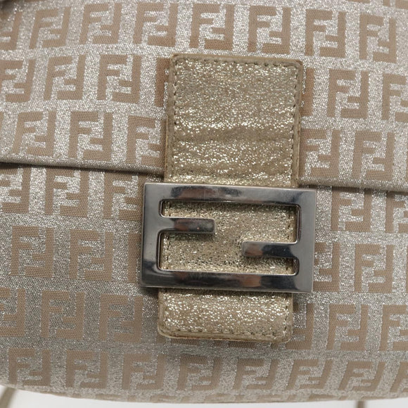 FENDI Zucchino Canvas Mamma Baguette Shoulder Bag Silver Auth 172589