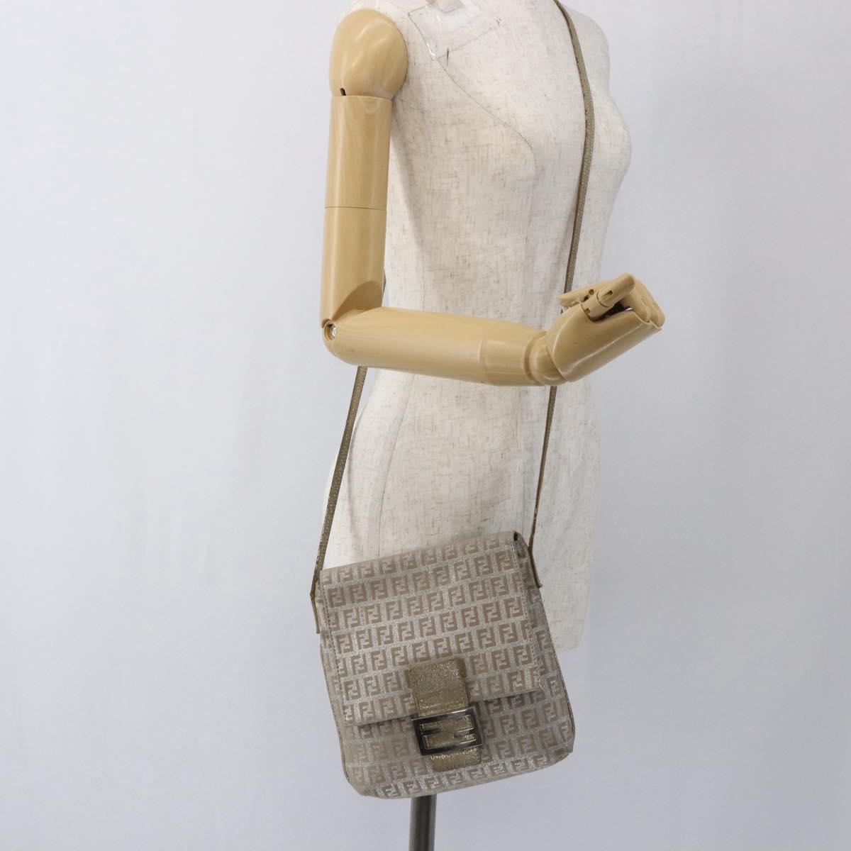 FENDI Zucchino Canvas Mamma Baguette Shoulder Bag Silver Auth