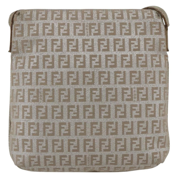FENDI Zucchino Canvas Mamma Baguette Shoulder Bag Silver Auth 172589