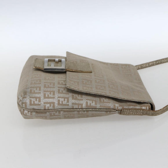 FENDI Zucchino Canvas Mamma Baguette Shoulder Bag Silver Auth 172589