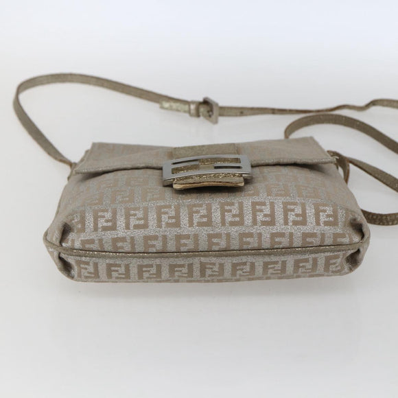 FENDI Zucchino Canvas Mamma Baguette Shoulder Bag Silver Auth 172589