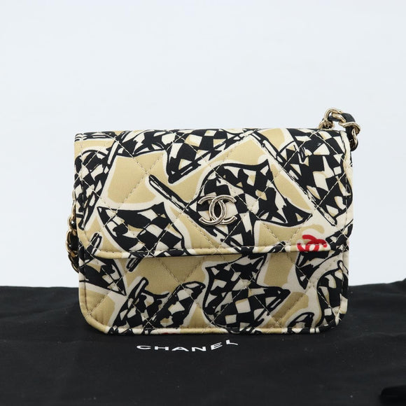 CHANEL Chain Mini Matelasse 12 Shoulder Bag Satin Beige Gold CC Auth 172590SAM