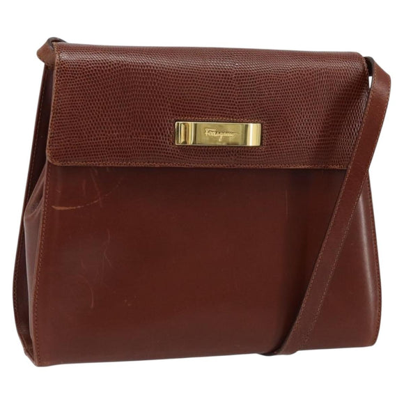 Salvatore Ferragamo Gancini Shoulder Bag Leather Brown Gold Auth 172650