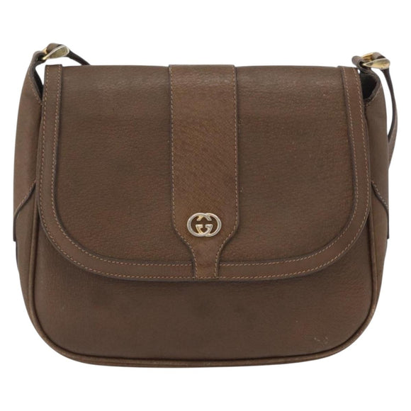 GUCCI Shoulder Bag Leather Brown Gold Auth 172696