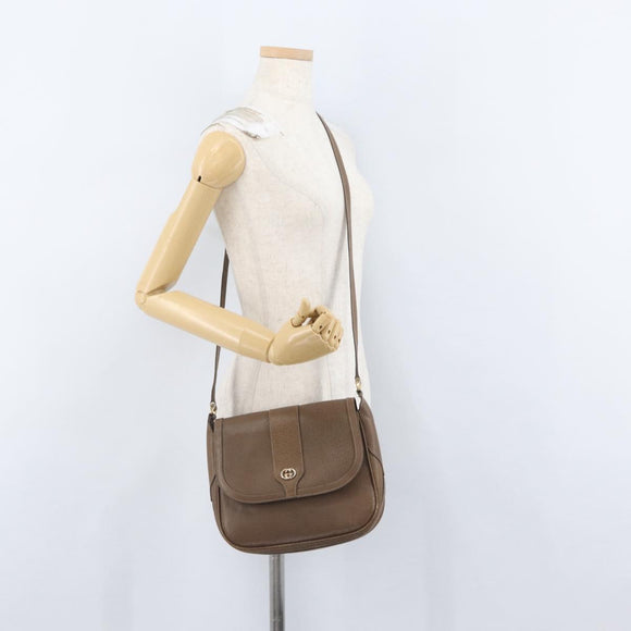 GUCCI Shoulder Bag Leather Brown Gold Auth 172696