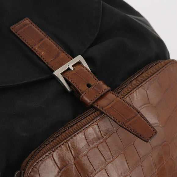 PRADA Rugzak Nylon Zwart Zilver Auth 172717