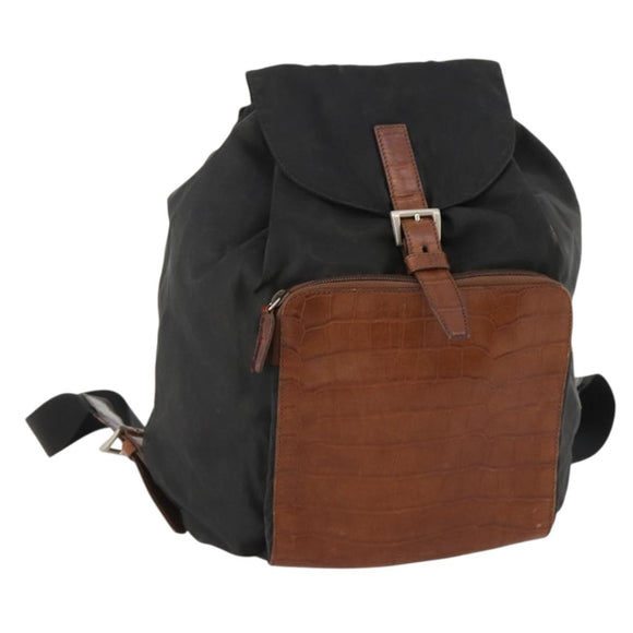 PRADA Rugzak Nylon Zwart Zilver Auth 172717