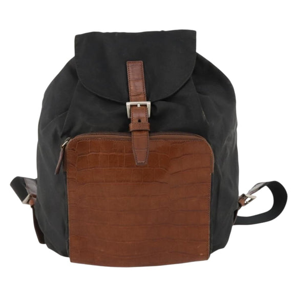 PRADA Rugzak Nylon Zwart Zilver Auth 172717