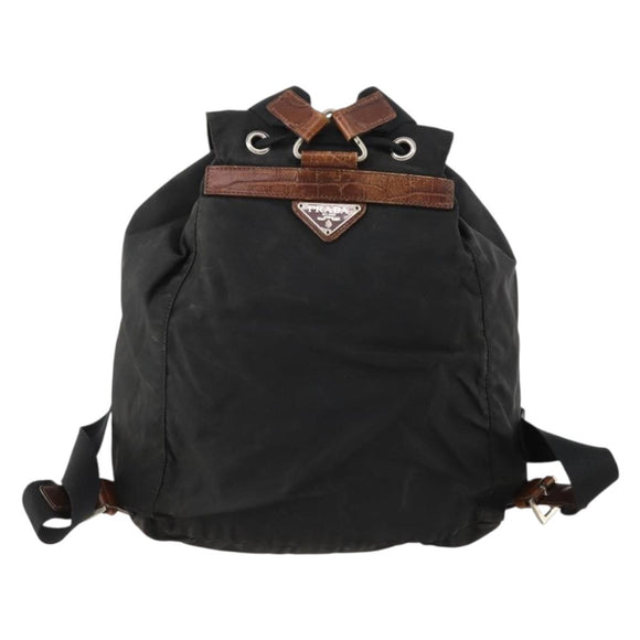 PRADA Rugzak Nylon Zwart Zilver Auth 172717