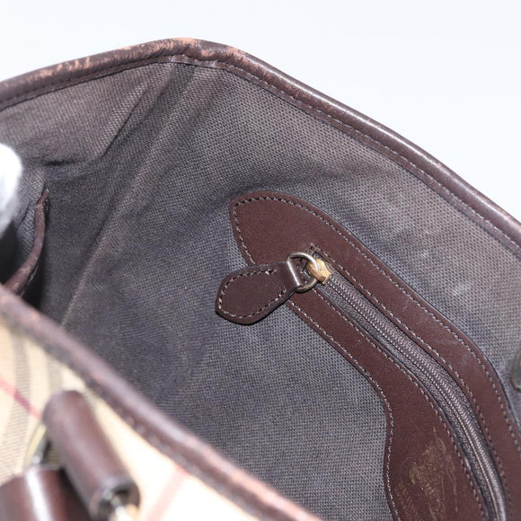BURBERRY Nova Check Hand Bag PVC Beige Gold Auth 172725