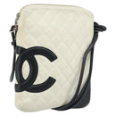 CHANEL Cambon Line Shoulder Bag Lamb Skin White Black CC Auth 172750-1