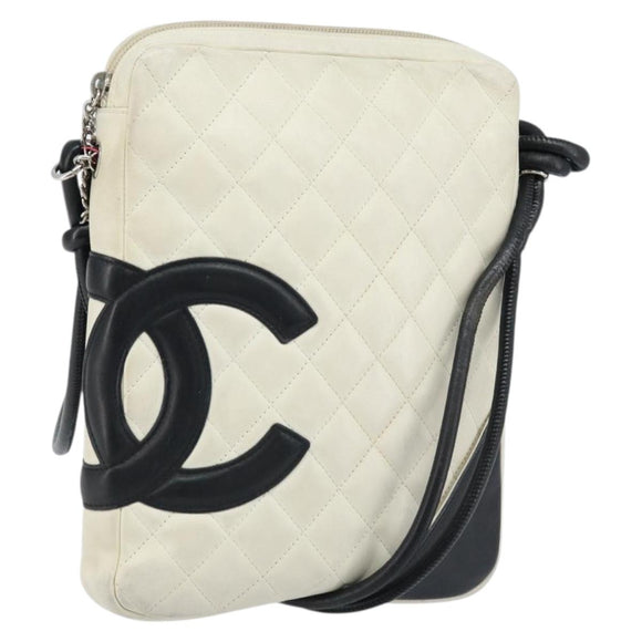 CHANEL Cambon Line Shoulder Bag Lamb Skin White Black CC Auth 172750
