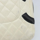 CHANEL Cambon Line Shoulder Bag Lamb Skin White Black CC Auth 172750-9