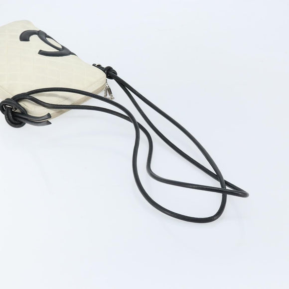 CHANEL Cambon Line Shoulder Bag Lamb Skin White Black CC Auth 172750