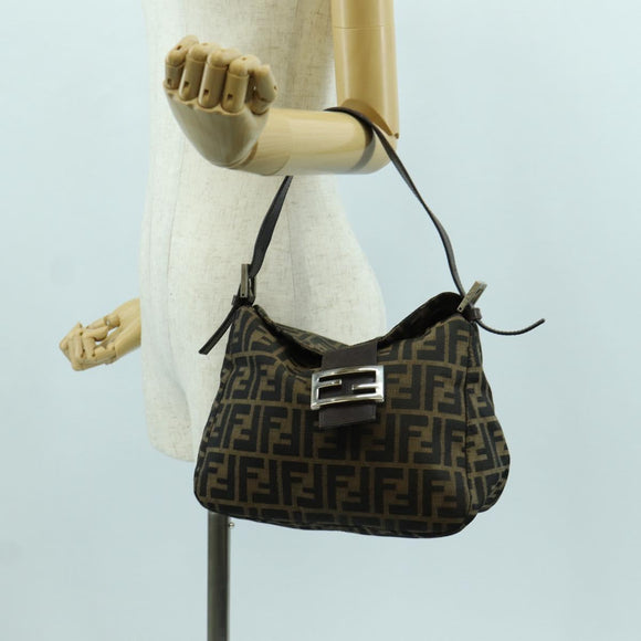 FENDI Zucca Canvas Mamma Baguette Shoulder Bag Black Brown Auth 172779V