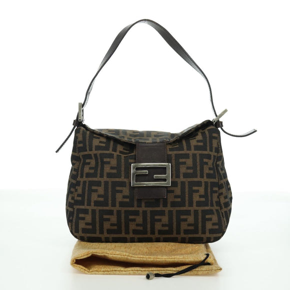 FENDI Zucca Canvas Mamma Baguette Shoulder Bag Black Brown Auth 172779V
