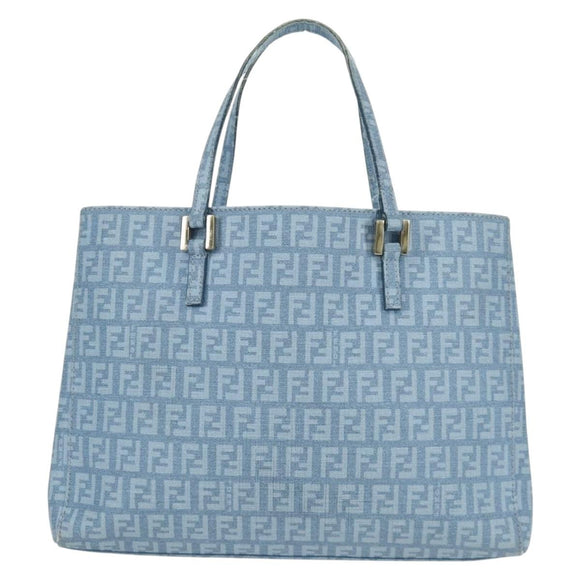FENDI Zucchino Canvas Hand Bag PVC Light Blue Gold Auth 172850V