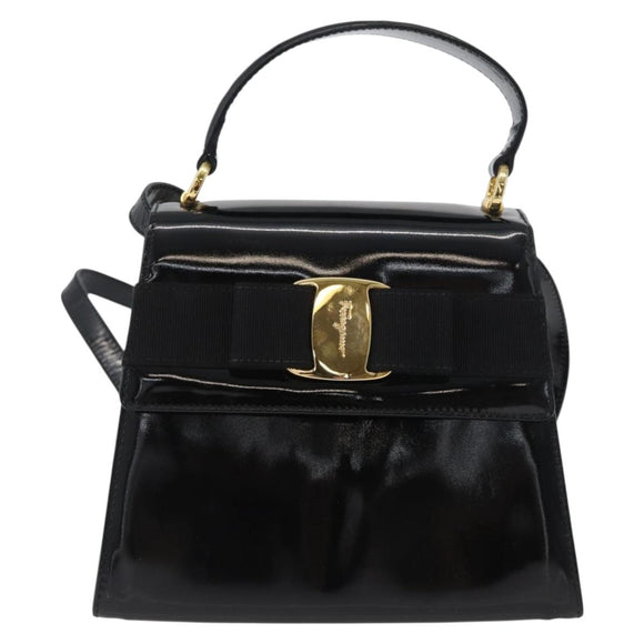 Salvatore Ferragamo Vala Hand Bag Patent leather 2way Black Gold Auth 172895