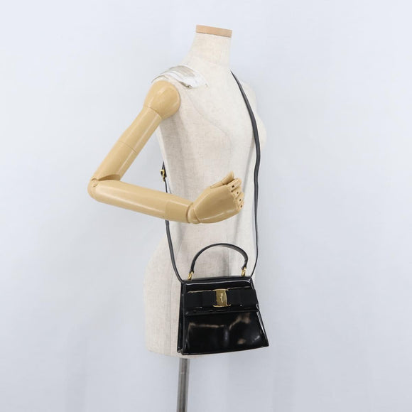 Salvatore Ferragamo Vala Hand Bag Patent leather 2way Black Gold Auth 172895