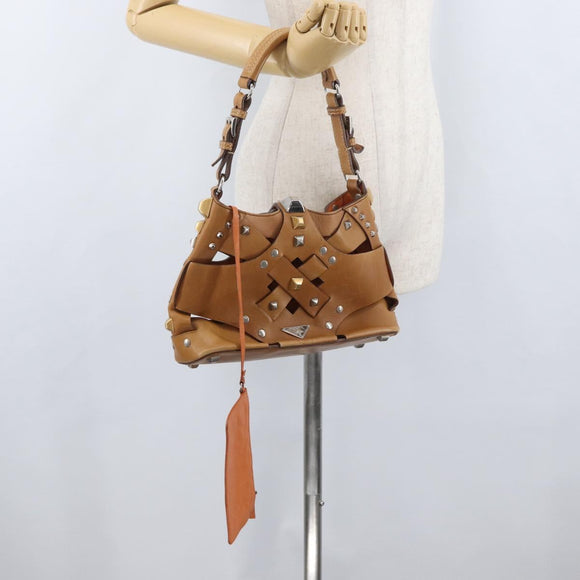 PRADA Studs Shoulder Bag Leather plastic Brown Silver Auth 172906SAV