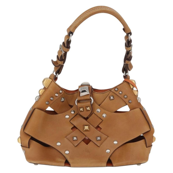 PRADA Studs Shoulder Bag Leather plastic Brown Silver Auth 172906SAV