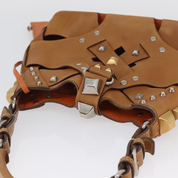 PRADA Studs Shoulder Bag Leather plastic Brown Silver Auth 172906SAV