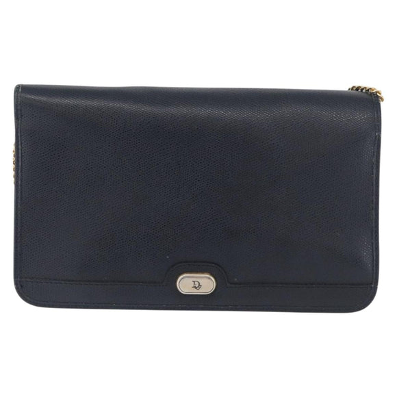 Christian Dior Chain Shoulder Bag Leather Navy Gold Auth 172959