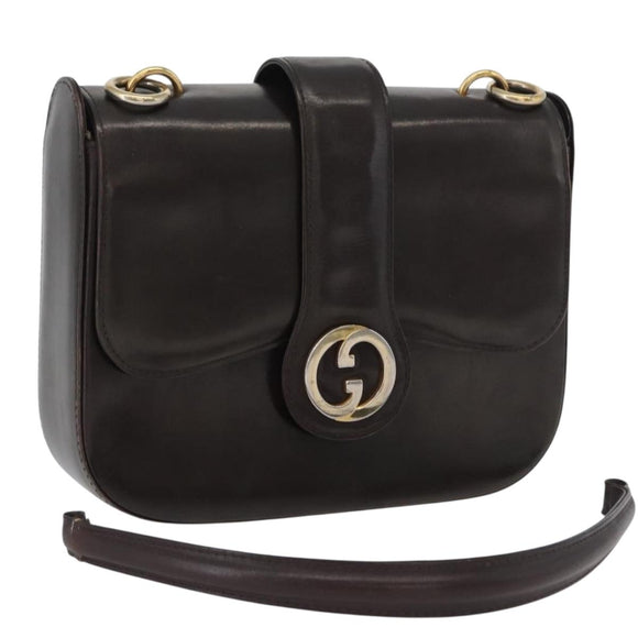 GUCCI Hand Bag Leather Brown Gold Auth 172960