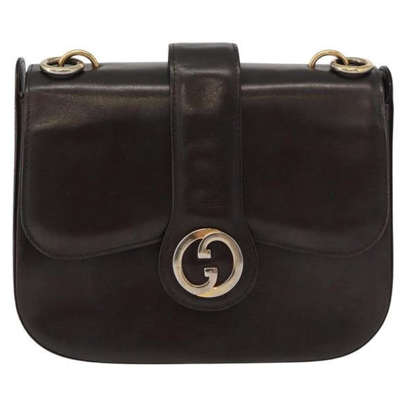 GUCCI Hand Bag Leather Brown Gold Auth 172960