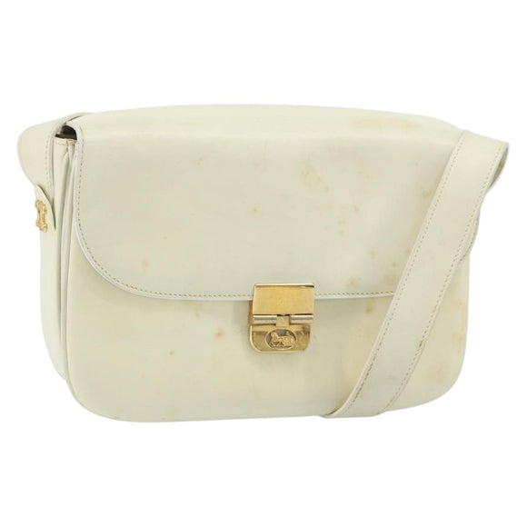 CELINE Macadam Canvas Horse Carriage Shoulder Bag Leather White Gold Auth 172964