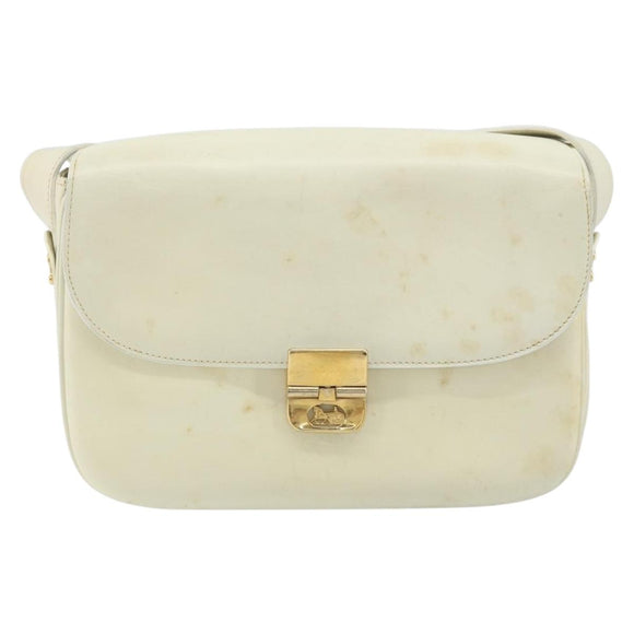 CELINE Macadam Canvas Horse Carriage Shoulder Bag Leather White Gold Auth 172964