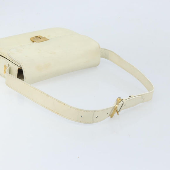 CELINE Macadam Canvas Horse Carriage Shoulder Bag Leather White Gold Auth 172964