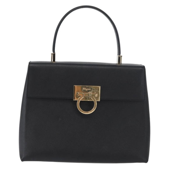 Salvatore Ferragamo Gancini Hand Bag Leather Black Gold Auth 172966