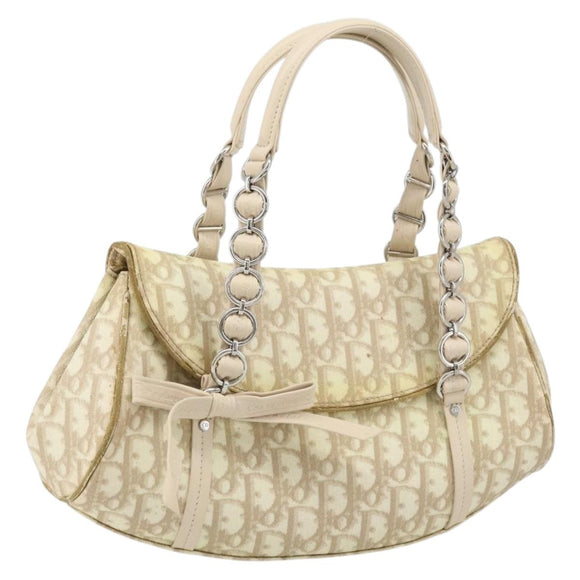Christian Dior Trotter Canvas Chain Hand Bag PVC Beige Silver Auth 172988