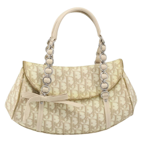 Christian Dior Trotter Canvas Chain Hand Bag PVC Beige Silver Auth 172988