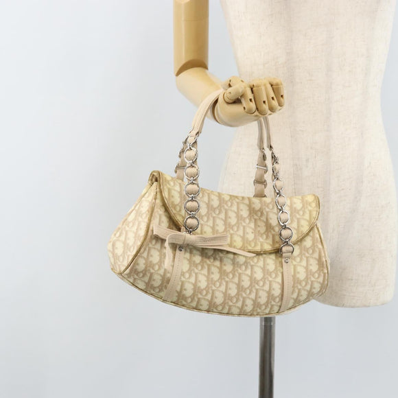 Christian Dior Trotter Canvas Chain Hand Bag PVC Beige Silver Auth 172988