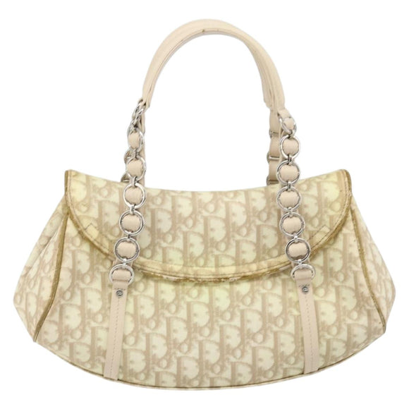 Christian Dior Trotter Canvas Chain Hand Bag PVC Beige Silver Auth 172988