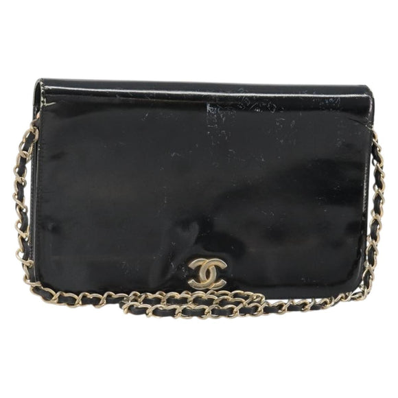 CHANEL Chain Shoulder Bag Patent leather Black Gold CC Auth 172993