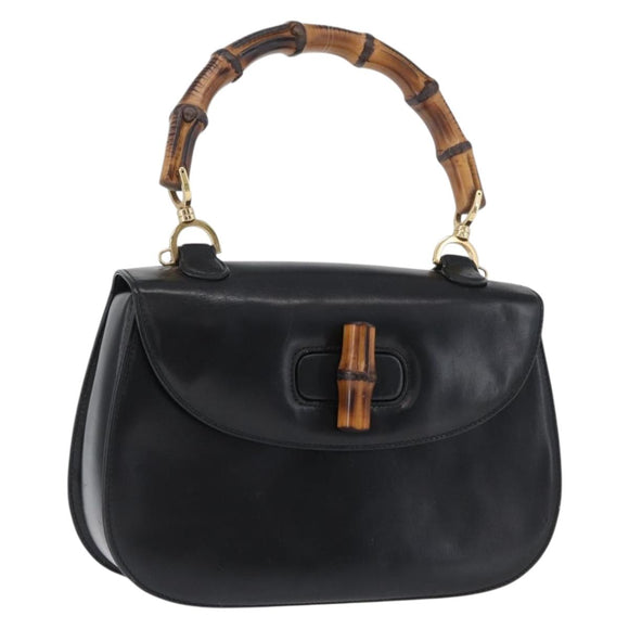 GUCCI Bamboo Hand Bag Leather Black Gold 000 1781 0633 Auth 173021