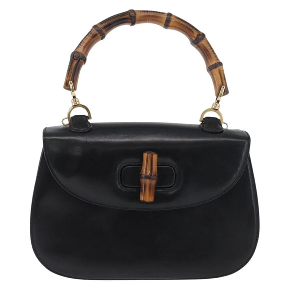 GUCCI Bamboo Hand Bag Leather Black Gold 000 1781 0633 Auth 173021