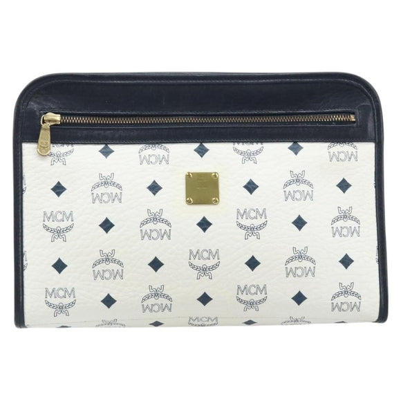 MCM Logogram Vicetos Clutch Bag PVC Leather White Gold Auth 173032A