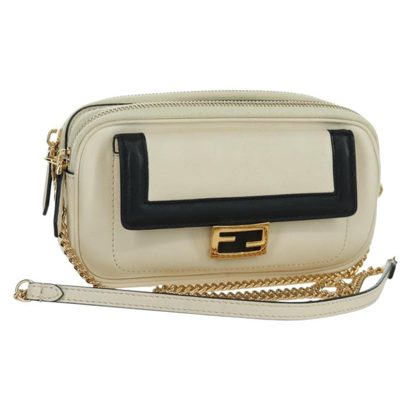 FENDI Easy Baguette Chain Schultertasche Leder Elfenbein Gold Auth 173156M