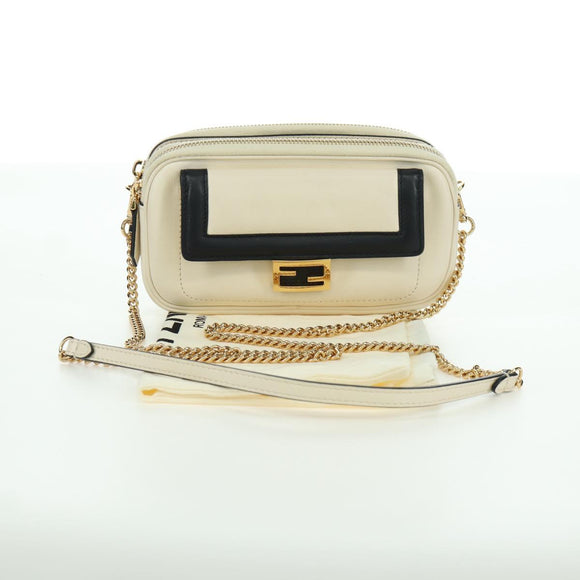 FENDI Easy Baguette Chain Schultertasche Leder Elfenbein Gold Auth 173156M