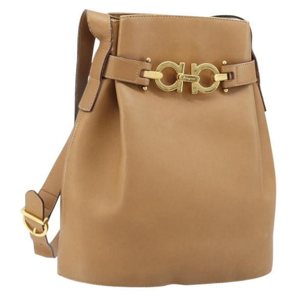 Salvatore Ferragamo Gancini Shoulder Bag Leather Beige Gold Auth 173160