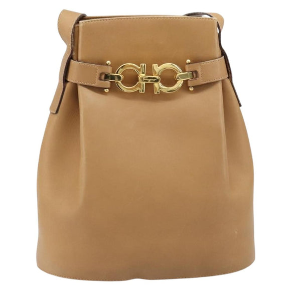 Salvatore Ferragamo Gancini Shoulder Bag Leather Beige Gold Auth 173160