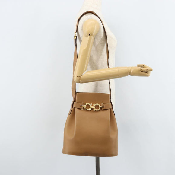 Salvatore Ferragamo Gancini Shoulder Bag Leather Beige Gold Auth 173160