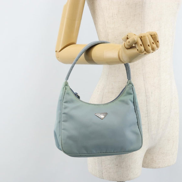 PRADA Hand Pouch Nylon Light Blue Silver Auth 173191A